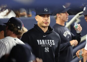 Giancarlo Stanton of the New York Yankees in the dugout.