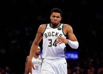 Giannis Antetokounmpo #34 of the Milwaukee Bucks reacts on the court in the second half at Madison Square Garden.