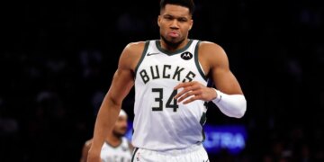 Giannis Antetokounmpo #34 of the Milwaukee Bucks reacts on the court in the second half at Madison Square Garden.
