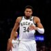 Giannis Antetokounmpo #34 of the Milwaukee Bucks reacts on the court in the second half at Madison Square Garden.