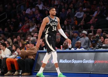 Giannis Antetokounmpo of the Milwaukee Bucks walks to the bench during the fourth quarter.