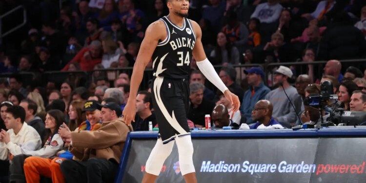 Giannis Antetokounmpo of the Milwaukee Bucks walks to the bench during the fourth quarter.
