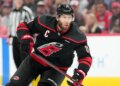 Carolina Hurricanes center Jordan Staal (11) skates with his stick against the Montreal Canadiens during a game.