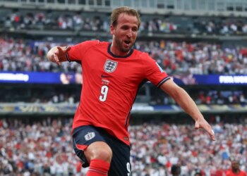 Harry Kane celebrates after scoring his 11th goal as a member of England in its 2-0 win over Panama on June 27, 2026 at MetLife Stadium to become the national team’s all-time leading scorer at the World Cup.
