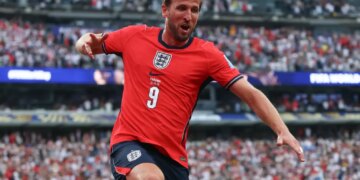 Harry Kane celebrates after scoring his 11th goal as a member of England in its 2-0 win over Panama on June 27, 2026 at MetLife Stadium to become the national team’s all-time leading scorer at the World Cup.