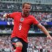 Harry Kane celebrates after scoring his 11th goal as a member of England in its 2-0 win over Panama on June 27, 2026 at MetLife Stadium to become the national team’s all-time leading scorer at the World Cup.