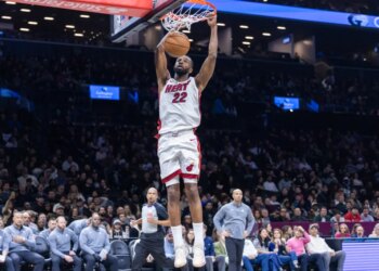 Andrew Wiggins #22 of the Miami Heat slams the ball during the second half at Barclays Center.