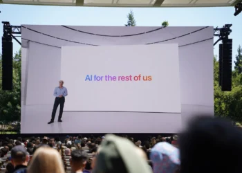Photo from 2024 WWDC keynote featuring a tagline that reads “AI for the rest of us”