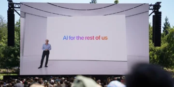 Photo from 2024 WWDC keynote featuring a tagline that reads “AI for the rest of us”