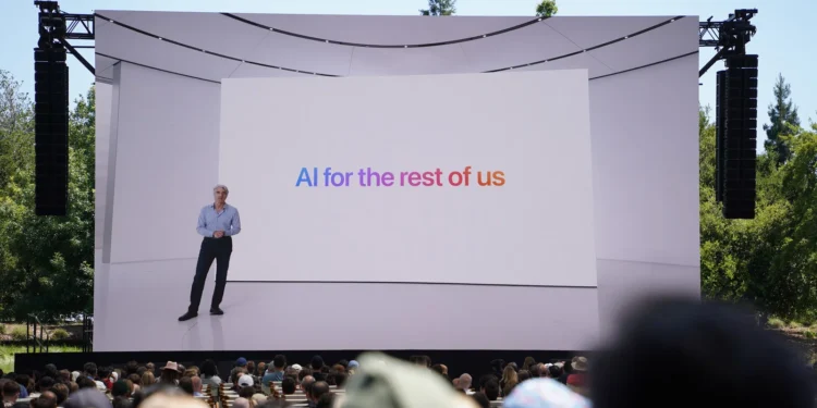 Photo from 2024 WWDC keynote featuring a tagline that reads “AI for the rest of us”