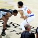 De'Aaron Fox struggles to keep the ball away from Landry Shamet during the Knicks' 105-95 Game 1 win over the Spurs in the NBA Finals on June 3, 2026 in San Antonio.
