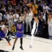 San Antonio Spurs forward Victor Wembanyama tries to put up a last minute shot past New York Knicks center Karl-Anthony Towns in the final seconds of the fourth quarter.