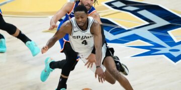 De'Aaron Fox drives on Jalen Brunson during the Knicks' 94-90 NBA title-clinching Game 5 win over the Spurs on June 13, 2026 in San Antonio.