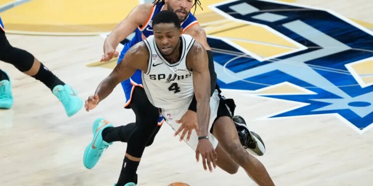 De'Aaron Fox drives on Jalen Brunson during the Knicks' 94-90 NBA title-clinching Game 5 win over the Spurs on June 13, 2026 in San Antonio.