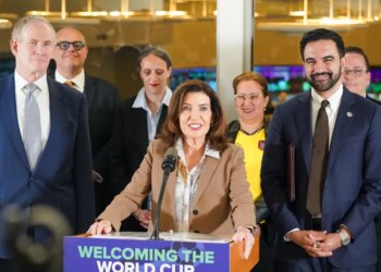 NYS Governor Hochul, NYC Mayor Mamdani, and MTA President Janno Lieber at a press conference on World Cup Preparedness.