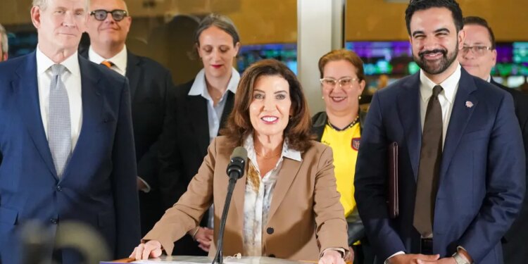 NYS Governor Hochul, NYC Mayor Mamdani, and MTA President Janno Lieber at a press conference on World Cup Preparedness.