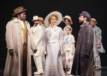Joshua Henry, foreground from left, Caissie Levy, and Brandon Uranowitz appear during a performance of "Ragtime" in New York on Oct. 8, 2025. (Matthew Murphy via AP)