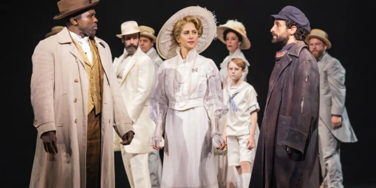 Joshua Henry, foreground from left, Caissie Levy, and Brandon Uranowitz appear during a performance of "Ragtime" in New York on Oct. 8, 2025. (Matthew Murphy via AP)