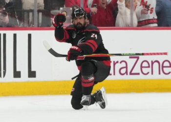 Seth Jarvis celebrates after scoring the game-winning goal in the Hurricanes' win over Golden Knights in Game 2 of the Stanley Cup Finals on June 4, 2026 in Raleigh, N.C.