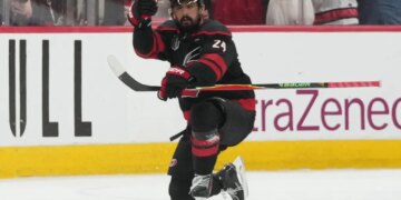 Seth Jarvis celebrates after scoring the game-winning goal in the Hurricanes' win over Golden Knights in Game 2 of the Stanley Cup Finals on June 4, 2026 in Raleigh, N.C.