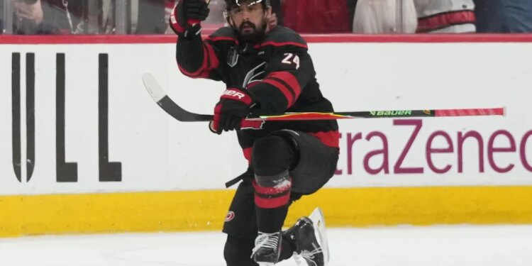 Seth Jarvis celebrates after scoring the game-winning goal in the Hurricanes' win over Golden Knights in Game 2 of the Stanley Cup Finals on June 4, 2026 in Raleigh, N.C.