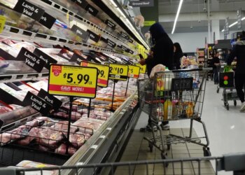 Shoppers at a grocery store stocking up on meat and other supplies before a winter storm.