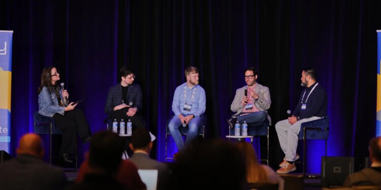 A panel at Unify hosted by Jennifer Pattison Tuohy featuring representatives from Google, Samsung, Homey/LG, and CableLabs. Here, Daniel Moneta of Samsung answers a question about Samsung appliances not being part of Matter, saying they are focused on offering a great first-party experience through SmartThings.