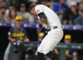 Rockies outfielder Tyler Freeman gets hit in the head by Brewers starter Jacob Misiorowski's 98 mph pitch on June 6, 2026.