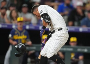 Rockies outfielder Tyler Freeman gets hit in the head by Brewers starter Jacob Misiorowski's 98 mph pitch on June 6, 2026.