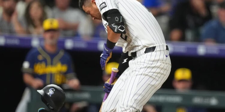 Rockies outfielder Tyler Freeman gets hit in the head by Brewers starter Jacob Misiorowski's 98 mph pitch on June 6, 2026.