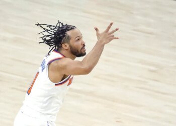 Knicks guard Jalen Brunson celebrates hitting a 3-pointer against the Spurs during Game 1 of the NBA Finals on June 3, 2026.