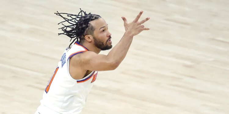 Knicks guard Jalen Brunson celebrates hitting a 3-pointer against the Spurs during Game 1 of the NBA Finals on June 3, 2026.