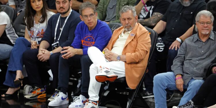 Comedian Ben Stiller and New York Knicks owner James Dolan sit courtside during Game 2 of the 2026 NBA Finals.