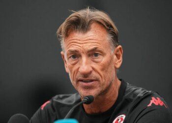 Herve Renard speaking at a news conference after being named the new coach for Tunisia's World Cup soccer team.