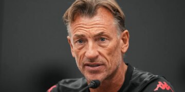 Herve Renard speaking at a news conference after being named the new coach for Tunisia's World Cup soccer team.