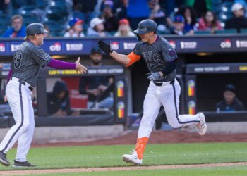 New York Mets first baseman Jared Young is high-fiving a coach after scoring a solo home run.