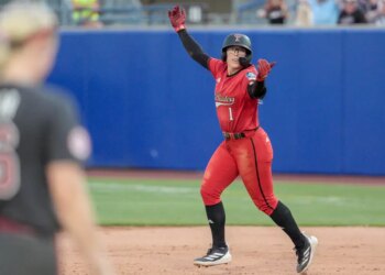 Texas Tech second baseman Mia Williams (1) hits a home run to end the game in the seventh inning during  the Womens College World Series between Texas Tech and Alabama at Devon Park in Oklahoma City, on Monday, June 1, 2026.