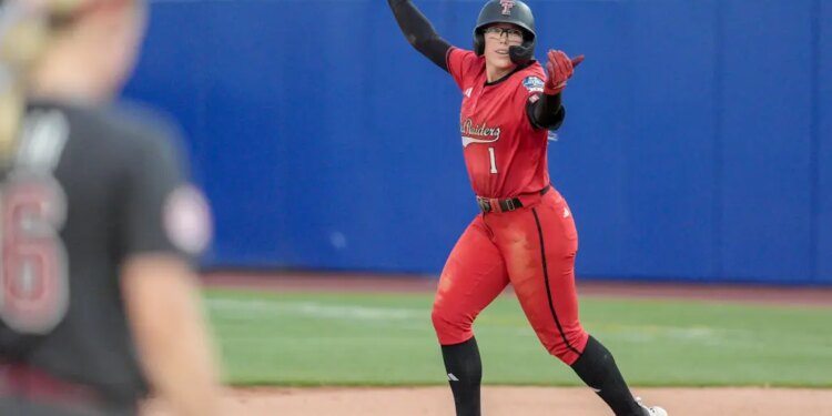 Texas Tech second baseman Mia Williams (1) hits a home run to end the game in the seventh inning during the Womens College World Series between Texas Tech and Alabama at Devon Park in Oklahoma City, on Monday, June 1, 2026.