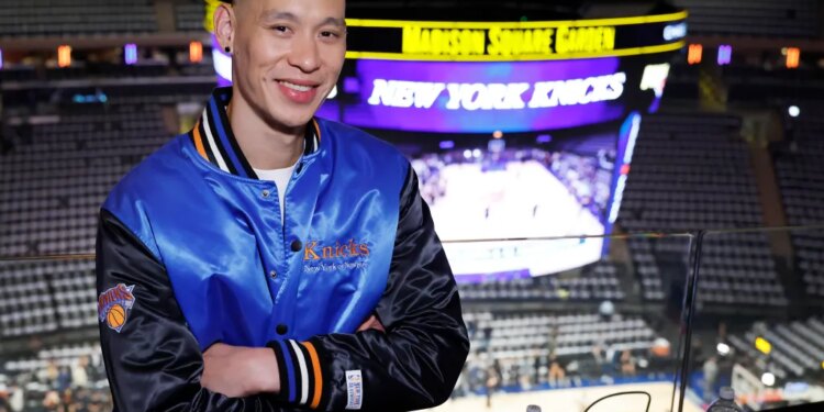 Jeremy Lin posing in a New York Knicks jacket before game 3 of the 2026 NBA Finals.