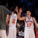 Jeremy Lin is greeted by #2 Landry fields during the fourth quarter of a 2012 game.