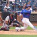 New York Mets left fielder Juan Soto (22) two-run single during the eighth inning when the New York Mets played the Atlanta Braves Sunday, June 14, 2026 at Citi Field in Queens, NY.