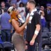 Music artist Megan Thee Stallion greets Dallas Mavericks guard Klay Thompson.