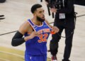 Karl-Anthony Towns celebrates the Knicks' Game 2 win over the Spurs on June 5, 2026.