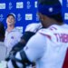 John Harbaugh has a laugh as he takes a question from Kayvon Thibodeaux during a press conference with reporters after Giants practice on June 9, 2026.