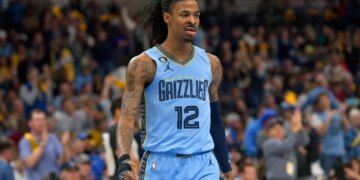 Ja Morant in his Memphis Grizzlies jersey.