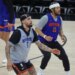 Jose Alvarado (left) and Jalen Brunson work out during Knicks' practice on June 2, 2026 in San Antonio.