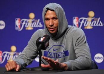 New York Knicks guard Josh Hart #3 speaking to the media at Madison Square Garden.