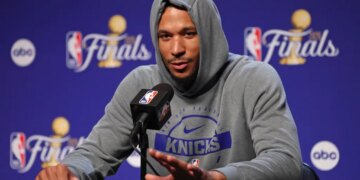 New York Knicks guard Josh Hart #3 speaking to the media at Madison Square Garden.