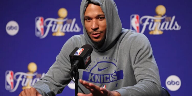 New York Knicks guard Josh Hart #3 speaking to the media at Madison Square Garden.