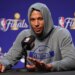 New York Knicks guard Josh Hart #3 speaking to the media at Madison Square Garden.